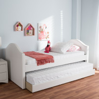 Baxton Studio CF8751-White-Day Bed Alessia White Faux Leather Upholstered Daybed with Guest Trundle Bed